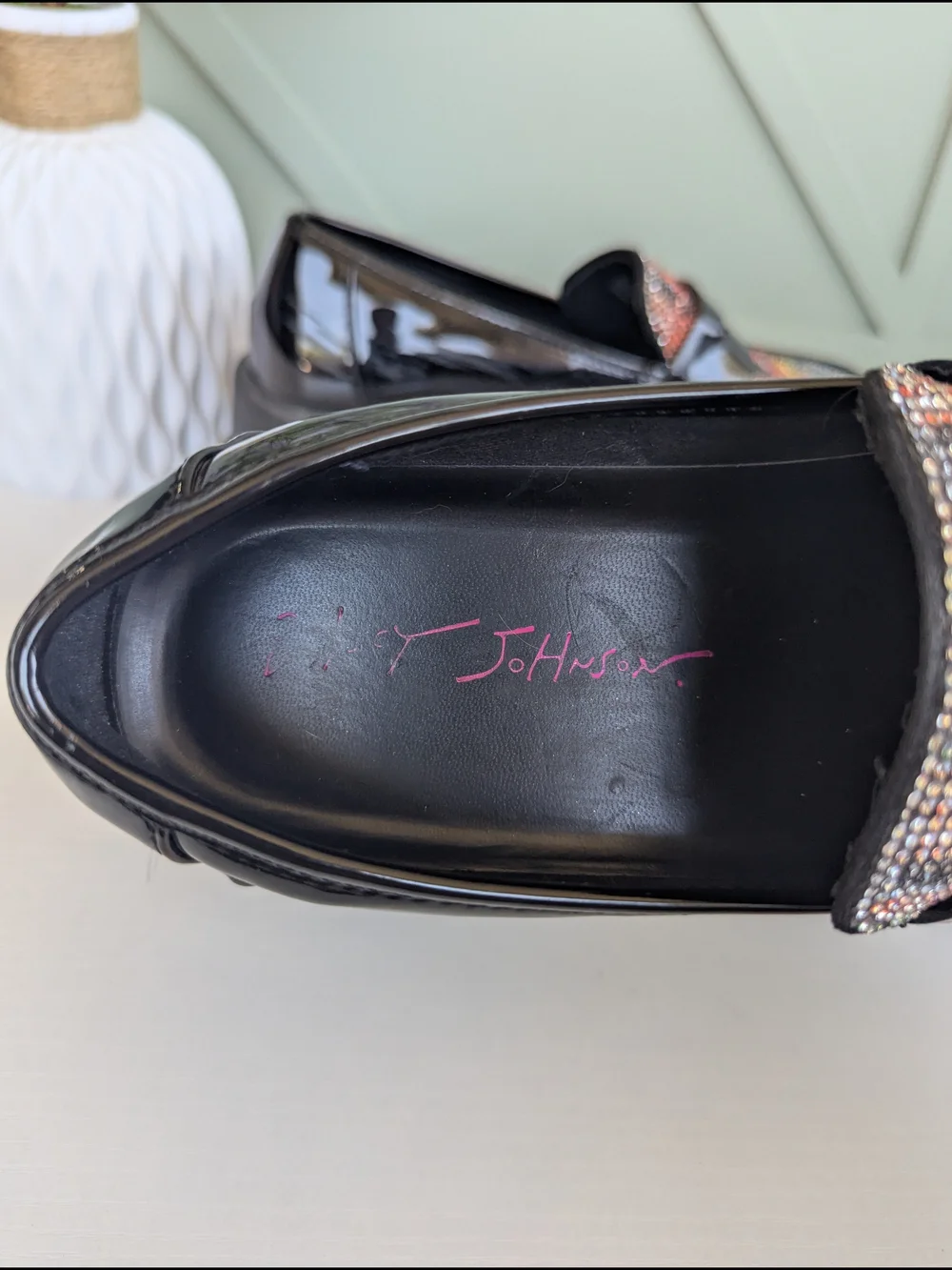 Betsey Johnson Barrie Black Patent Loafers with Pink Signature